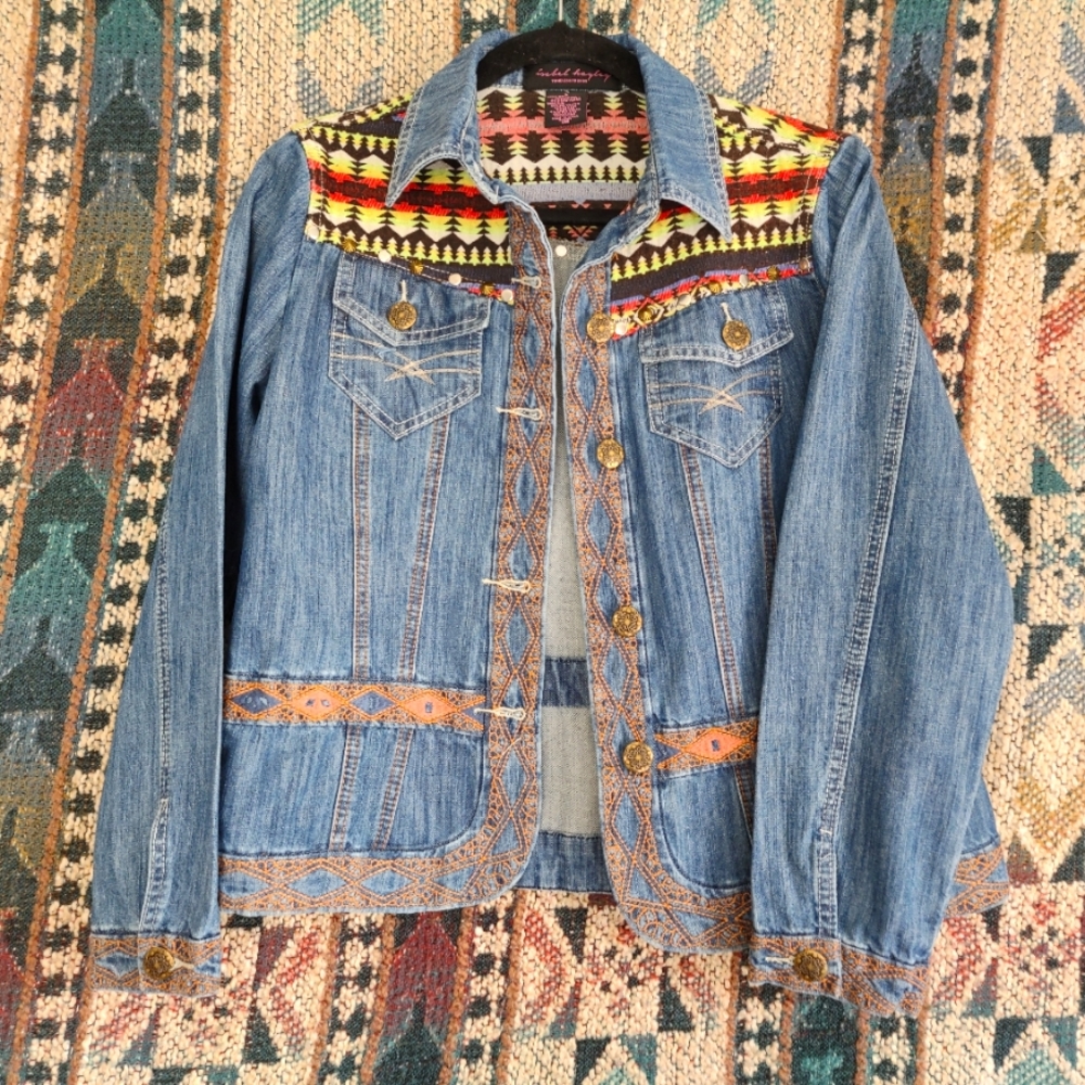 Tribal patterned embroidered denim jacket.